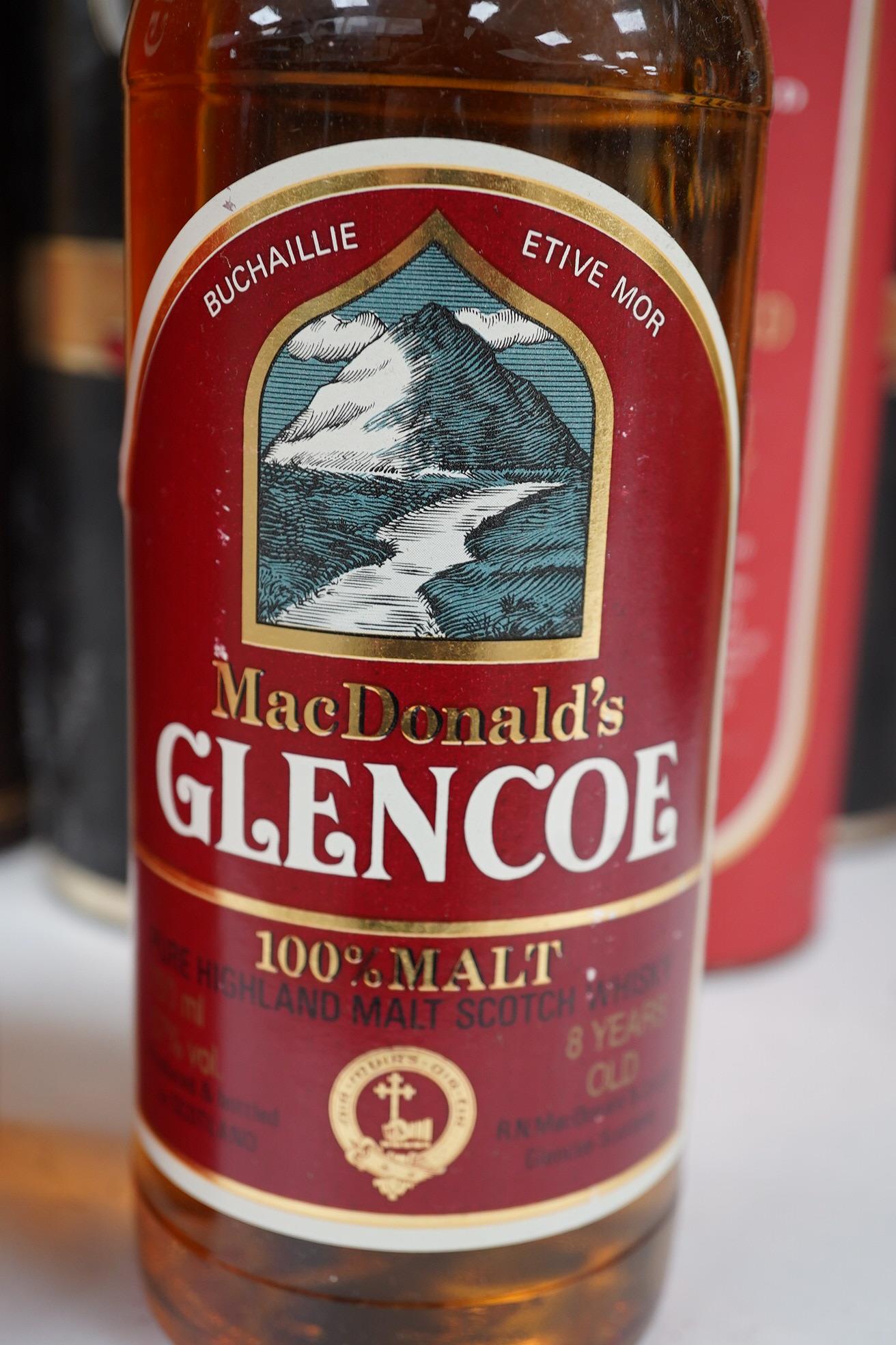 A group of ten bottles of Scotch Whisky; Glenfiddich Pure Malt Special Reserve 1 litre x2, Glenmorangie ten year 1litre, Glenlivet 12 year 70cl, Macdonalds Glencoe 8 year 70cl, The Famouse Grouse 10 year 70cl, John Hopki